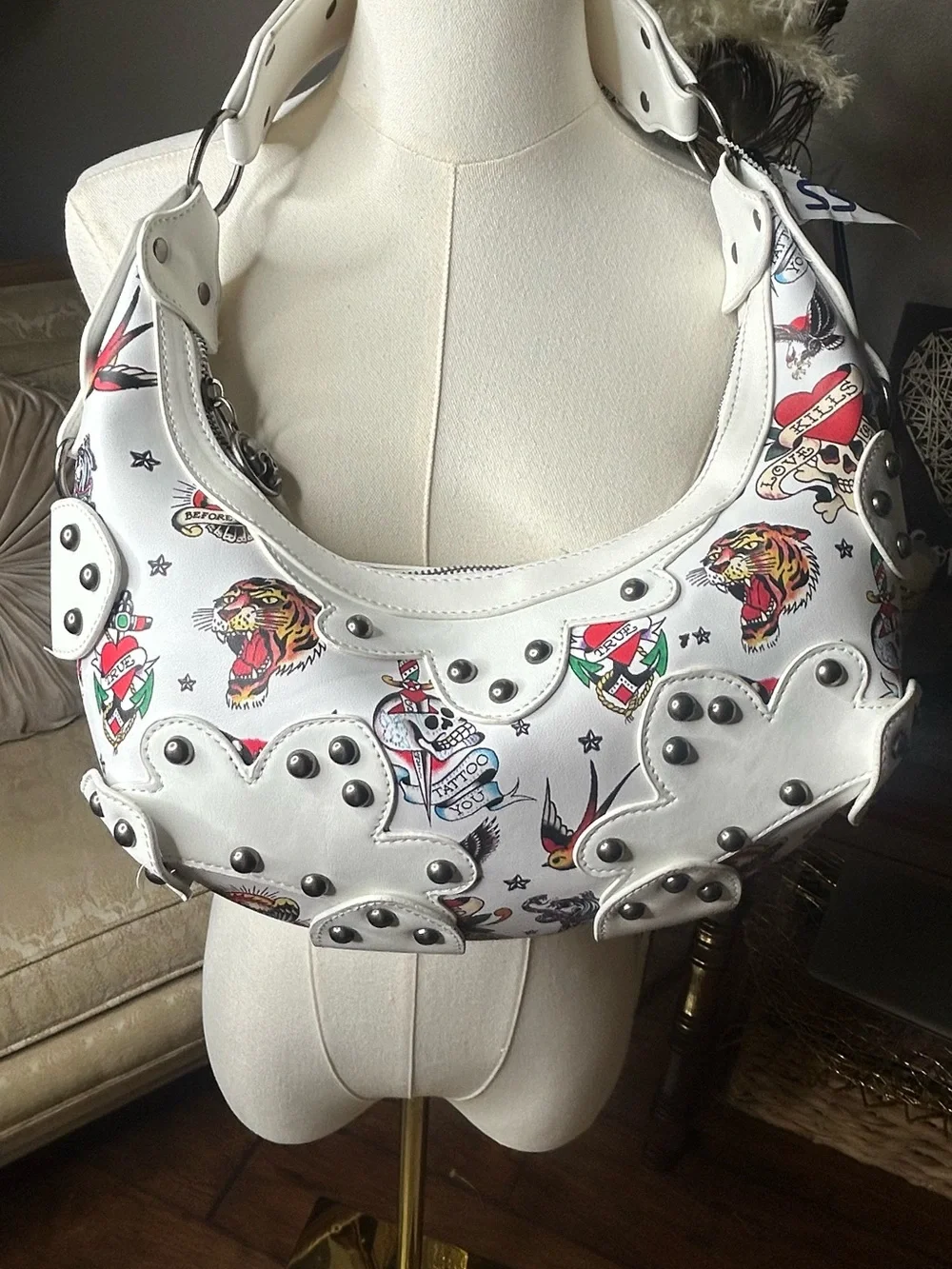 NWT Ed Hardy White Tattoo Studded Hobo Shoulder Bag Y2K Skull Tiger Purse